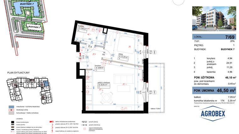 Rzut - Mieszkanie na sprzedaż 2 pokoje o powierzchni 46,51 m² - numer 7/69 w Nove Garby