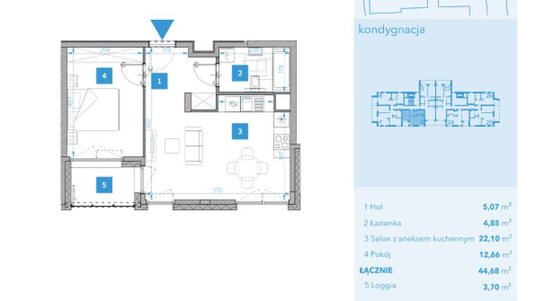 Rzut - Mieszkanie na sprzedaż 2 pokoje o powierzchni 44,68 m² - numer 6 w Apartamenty Macadamia