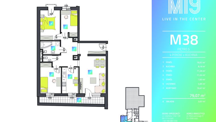 Rzut - Mieszkanie na sprzedaż 4 pokoje o powierzchni 79,07 m² - numer M38 w Mi9