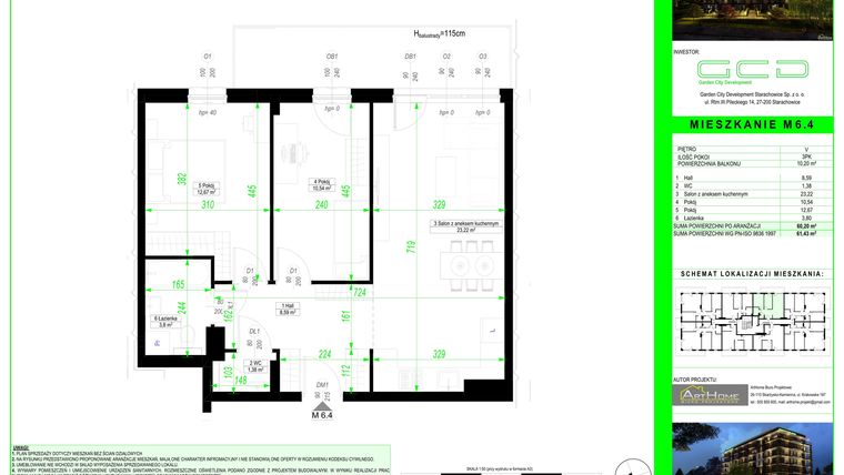 Rzut - Mieszkanie na sprzedaż 3 pokoje o powierzchni 60,2 m² - numer 6.4. w City Park Apartments