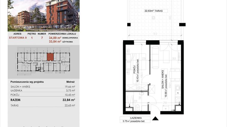 Rzut - Mieszkanie na sprzedaż 2 pokoje o powierzchni 33,84 m² - numer 7 w M|City
