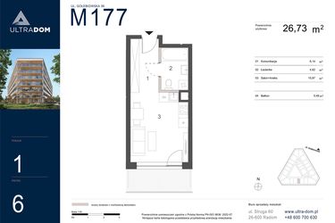 Rzut - Mieszkanie na sprzedaż 1 pokój o powierzchni 26,73 m² - numer M177 w Ultradom
