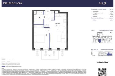 Rzut - Mieszkanie na sprzedaż 2 pokoje o powierzchni 38,05 m² - numer B3 – M1.5 w Primacasa
