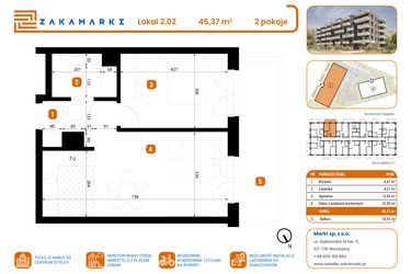 Rzut - Mieszkanie na sprzedaż 2 pokoje o powierzchni 45,37 m² - numer B1/2/02 w Zakamarki