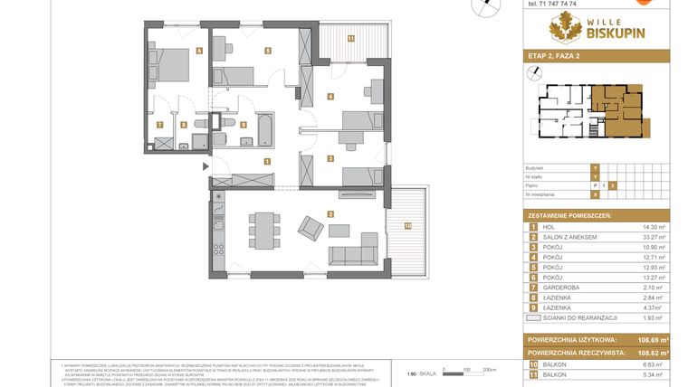Rzut - Mieszkanie na sprzedaż 5 pokoi o powierzchni 106,69 m² - numer Y/9 w Wille Biskupin Etap 2.2