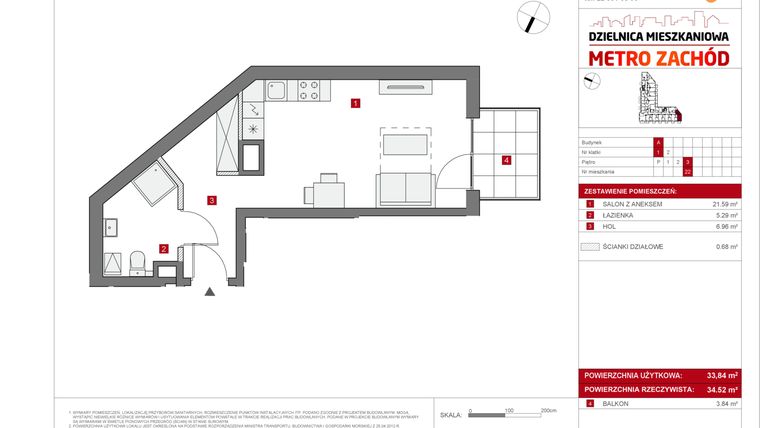 Rzut - Mieszkanie na sprzedaż 1 pokój o powierzchni 33,84 m² - numer A.22 w Dzielnica Mieszkaniowa Metro Zachód - etap 6