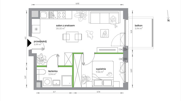 Rzut - Mieszkanie na sprzedaż 2 pokoje o powierzchni 37,81 m² - numer 1/A/3/13 w Sochaczewska Vita
