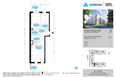 Rzut - Mieszkanie na sprzedaż 3 pokoje o powierzchni 62,14 m² - numer CDEF.59 w Wieża Jeżyce etap II