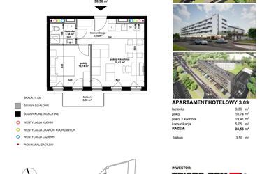 Rzut - Mieszkanie na sprzedaż 2 pokoje o powierzchni 38,43 m² - numer 3.09 w Apartamentowiec Zwycięska 3 - inwestycyjne