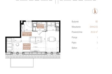 Rzut - Mieszkanie na sprzedaż 1 pokój o powierzchni 29,32 m² - numer SWA/2/33/F w Apartamenty Świeradowska