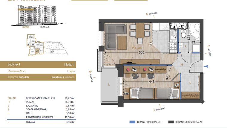 Rzut - Mieszkanie na sprzedaż 2 pokoje o powierzchni 39,58 m² - numer 53 w Osiedle Dakar Karolina