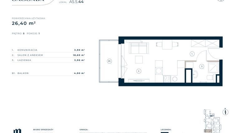 Rzut - Mieszkanie na sprzedaż 1 pokój o powierzchni 26,4 m² - numer A5.5.44 w Cascada