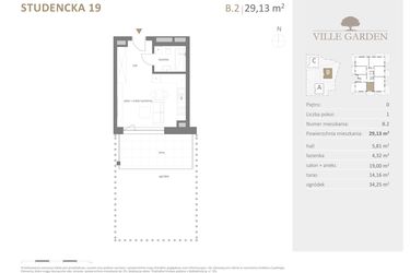 Rzut - Mieszkanie na sprzedaż 1 pokój o powierzchni 29,13 m² - numer B.02 w Ville Garden