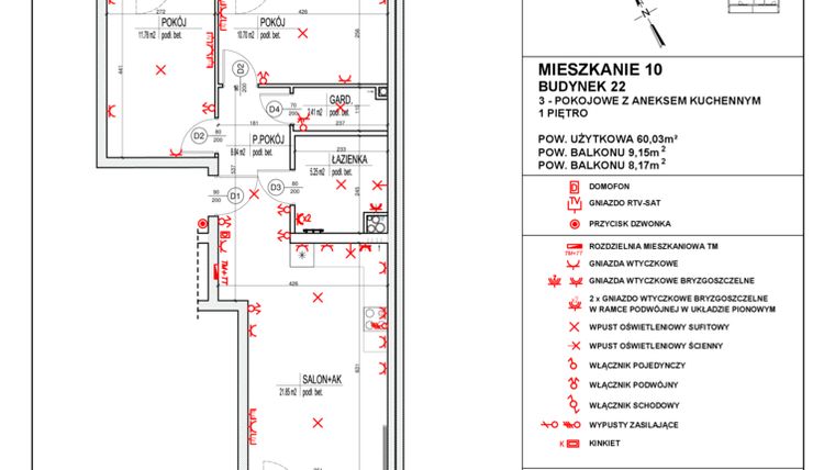 Rzut - Mieszkanie na sprzedaż 3 pokoje o powierzchni 60,03 m² - numer 22_10 w Osiedle 4 Pory Roku - Etap VIII