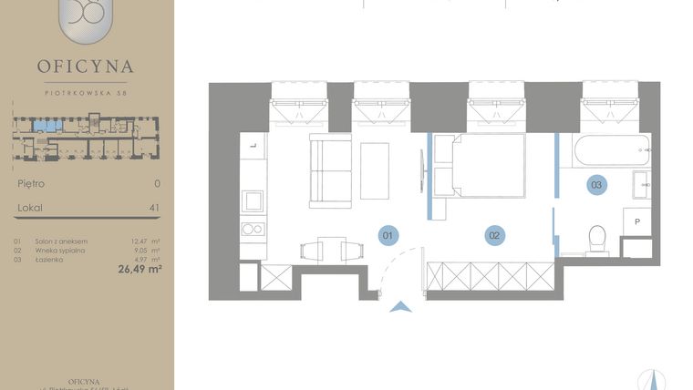 Rzut - Mieszkanie na sprzedaż 1 pokój o powierzchni 26,49 m² - numer 41 w Oficyna - Apartamenty Inwestycyjne Apart Hotel