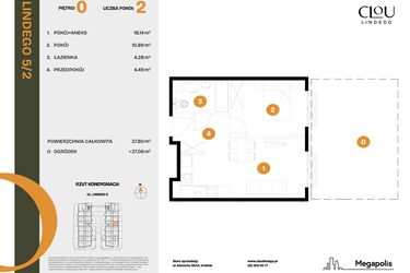 Rzut - Mieszkanie na sprzedaż 2 pokoje o powierzchni 37,8 m² - numer 2 w CLOU LINDEGO