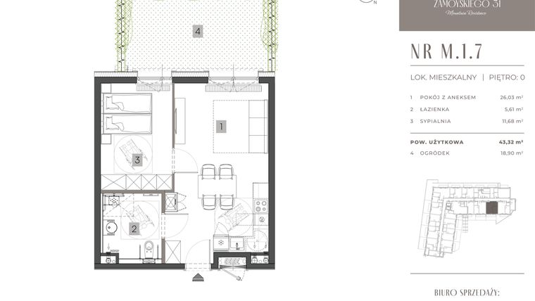 Rzut - Mieszkanie na sprzedaż 2 pokoje o powierzchni 43,32 m² - numer M.1.7 w Zamoyskiego 31
