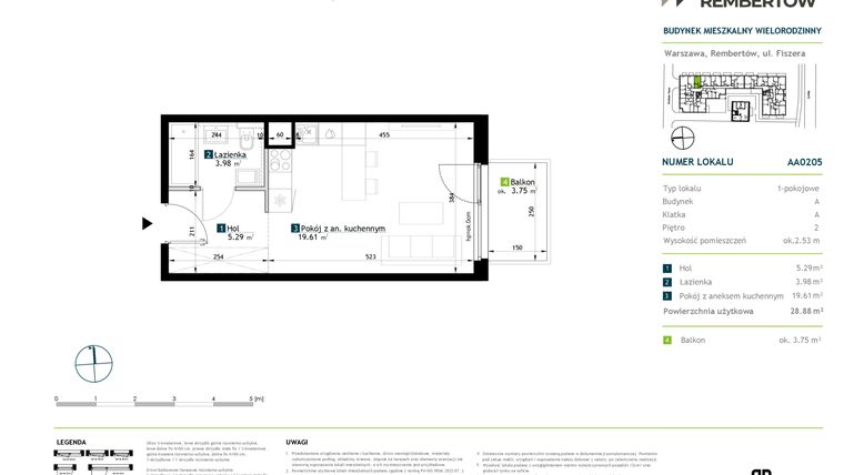 Rzut - Mieszkanie na sprzedaż 1 pokój o powierzchni 28,88 m² - numer AA0205 w Stacja Rembertów