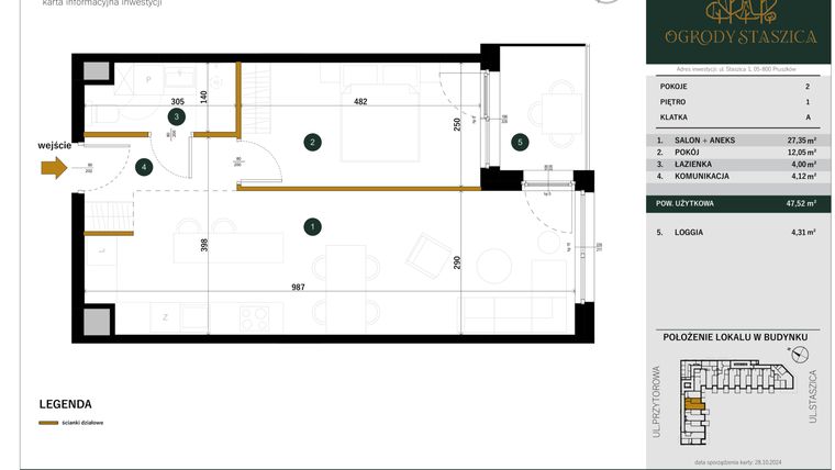 Rzut - Mieszkanie na sprzedaż 2 pokoje o powierzchni 47,52 m² - numer A.09 w Ogrody Staszica