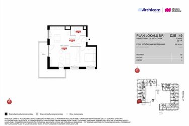 Rzut - Mieszkanie na sprzedaż 1 pokój o powierzchni 56,95 m² - numer D2E 149 w Modern Mokotów etap 4, budynek D1 i D2