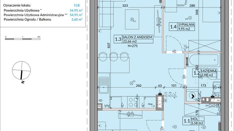 Rzut - Mieszkanie na sprzedaż 3 pokoje o powierzchni 54,95 m² - numer 51B w Osiedle Młodych etap VIII