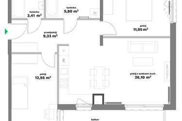 Rzut - Mieszkanie na sprzedaż 3 pokoje o powierzchni 69,54 m² - numer B1-18 w Forma Otwarta etap II