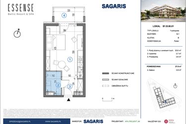 Rzut - Mieszkanie na sprzedaż 1 pokój o powierzchni 27,9 m² - numer B1.B.00.01 w ESSENSE Baltic Resort&SPA 2 - apartamenty inwestycyjne