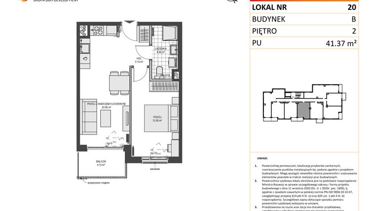 Rzut - Mieszkanie na sprzedaż 2 pokoje o powierzchni 41,37 m² - numer B20 w Przystań Brzeźno etap 1.2