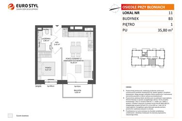 Rzut - Mieszkanie na sprzedaż 2 pokoje o powierzchni 35,8 m² - numer B3.11 w Osiedle Przy Błoniach 3 etap III