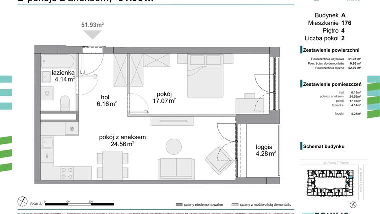 Rzut - Mieszkanie na sprzedaż 2 pokoje o powierzchni 51,93 m² - numer 176 w Osiedle Fokus Ursus
