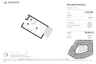 Rzut - Mieszkanie na sprzedaż 1 pokój o powierzchni 26,66 m² - numer 1.A.0.06 w Murapol Portovo etap II