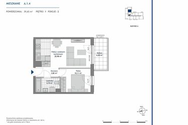 Rzut - Mieszkanie na sprzedaż 2 pokoje o powierzchni 39,65 m² - numer A.1.4 w Linea bud. A