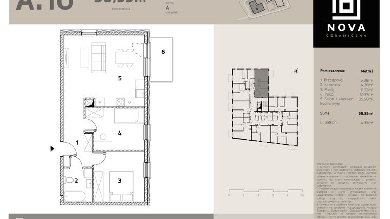 Rzut - Mieszkanie na sprzedaż 3 pokoje o powierzchni 58,39 m² - numer A10 w Nova Ceramiczna