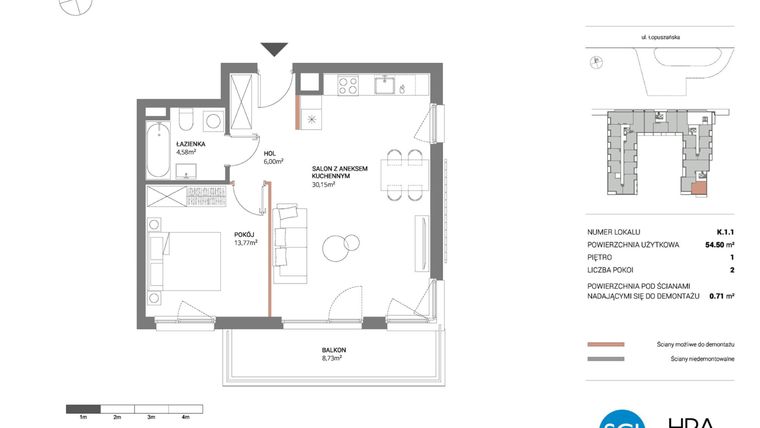 Rzut - Mieszkanie na sprzedaż 2 pokoje o powierzchni 54,5 m² - numer K.1.1 w Łopuszańska 47 - etap 3