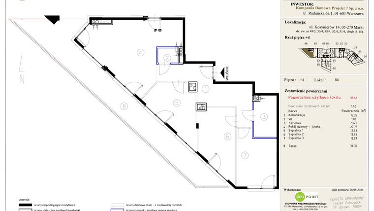 Rzut - Mieszkanie na sprzedaż 4 pokoje o powierzchni 88,48 m² - numer 86 w Markowy Targówek