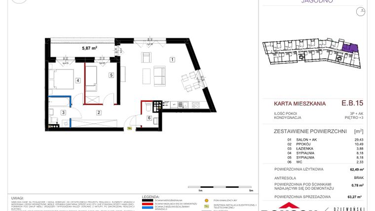 Rzut - Mieszkanie na sprzedaż 3 pokoje o powierzchni 63,52 m² - numer EB_15 w Viva Jagodno etap III