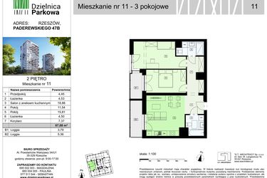 Rzut - Mieszkanie na sprzedaż 3 pokoje o powierzchni 67,08 m² - numer 11/B7 w Dzielnica Parkowa VII