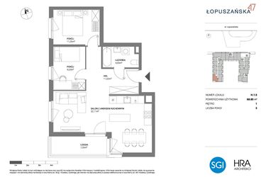 Rzut - Mieszkanie na sprzedaż 3 pokoje o powierzchni 68,85 m² - numer H.1.5 w Łopuszańska 47 - etap 3