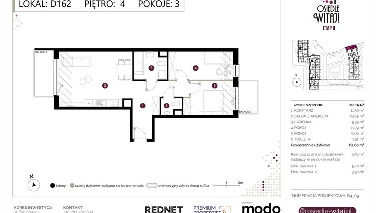 Rzut - Mieszkanie na sprzedaż 3 pokoje o powierzchni 65,36 m² - numer D162 w Osiedle Witaj etap II