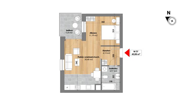 Rzut - Mieszkanie na sprzedaż 1 pokój o powierzchni 40,69 m² - numer M37 w Przy Kochanowskiego