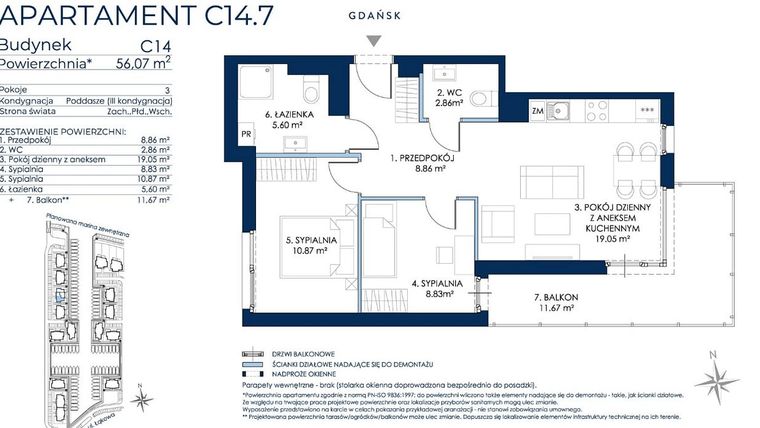 Rzut - Mieszkanie na sprzedaż 3 pokoje o powierzchni 55,56 m² - numer C14.7 w Sol Marina etap III