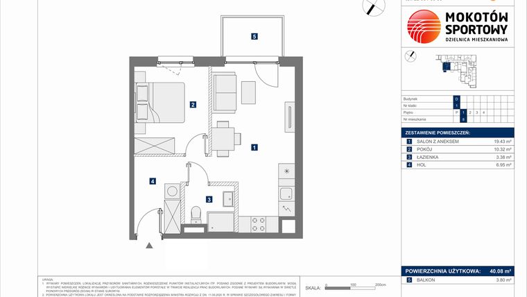 Rzut - Mieszkanie na sprzedaż 2 pokoje o powierzchni 40,08 m² - numer D.8 w Mokotów Sportowy 1.1B
