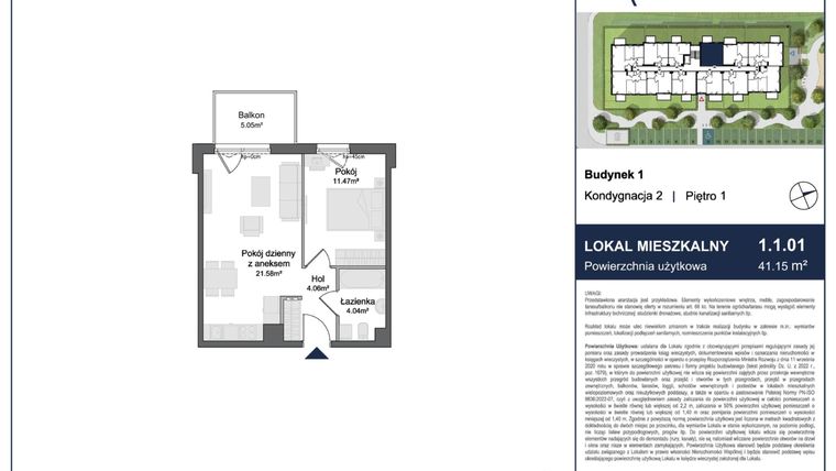 Rzut - Mieszkanie na sprzedaż 2 pokoje o powierzchni 41,15 m² - numer 1.1.01 w Rytelska