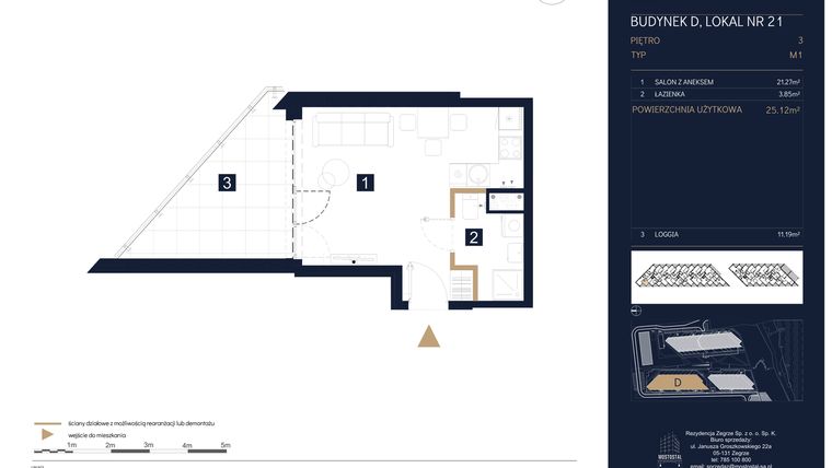 Rzut - Mieszkanie na sprzedaż 1 pokój o powierzchni 25,12 m² - numer D21 w Rezydencja Zegrze etap III