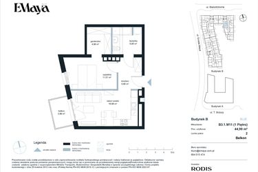 Rzut - Mieszkanie na sprzedaż 2 pokoje o powierzchni 44,99 m² - numer B3.1.M11 w EMaya