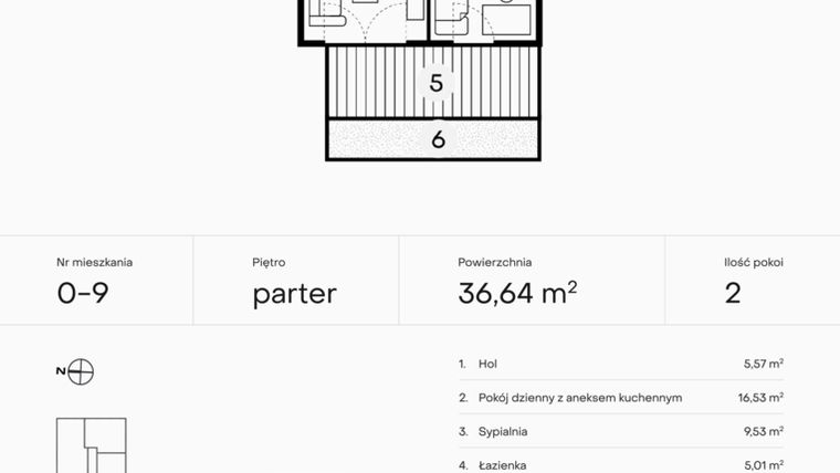 Rzut - Mieszkanie na sprzedaż 2 pokoje o powierzchni 36,64 m² - numer 0-9 w Pączka 1