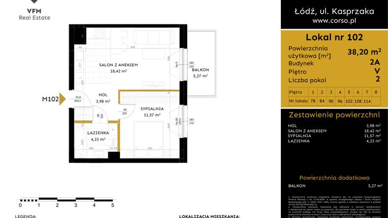 Rzut - Mieszkanie na sprzedaż 2 pokoje o powierzchni 38,2 m² - numer 2A.102 w Corso etap 2