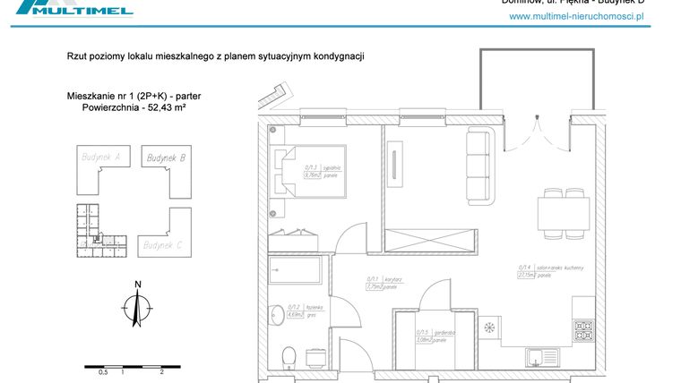 Rzut - Mieszkanie na sprzedaż 3 pokoje o powierzchni 52,43 m² - numer 1D w Dominów Rynek