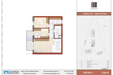 Rzut - Mieszkanie na sprzedaż 3 pokoje o powierzchni 63,57 m² - numer B.M.34 w Łódzka Osiedle