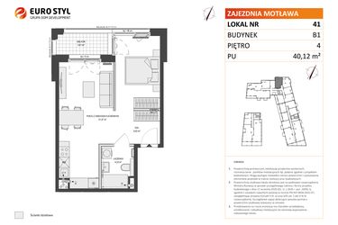 Rzut - Mieszkanie na sprzedaż 1 pokój o powierzchni 40,12 m² - numer B1.41 w Zajezdnia Motława